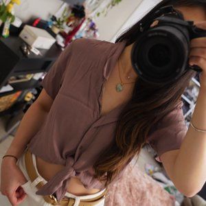 Forever 21 Brown Cropped Tie Button Down Shirt